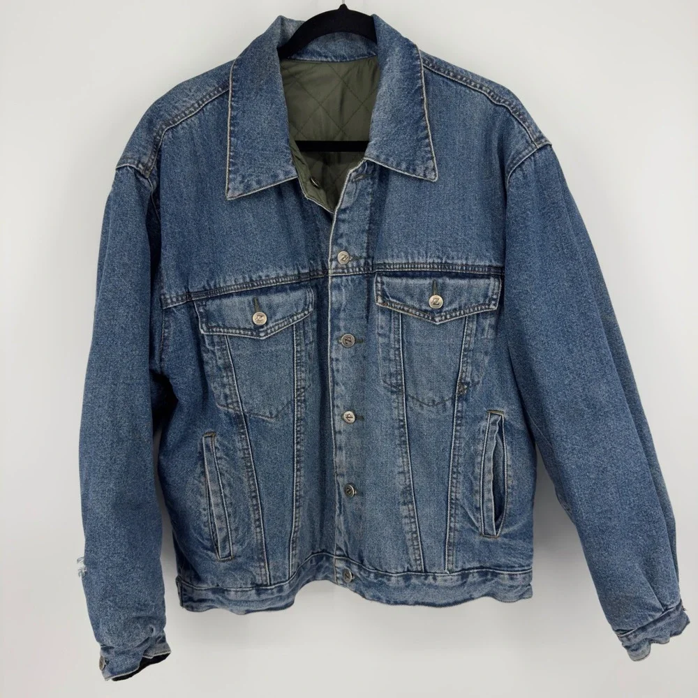 Arizona Jean Company Reversible Denim Jacket Blue Quilted Olive Green Mens L